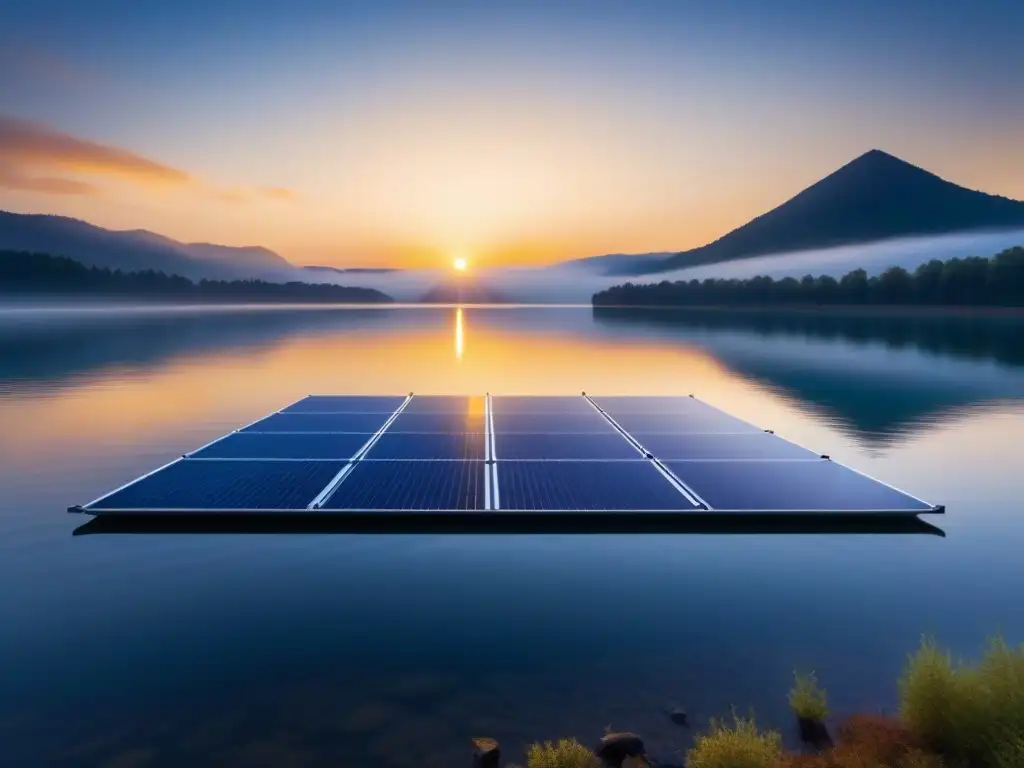 Un paisaje sereno con un lago reflejando un atardecer dorado y paneles solares flotantes eficientes en primer plano