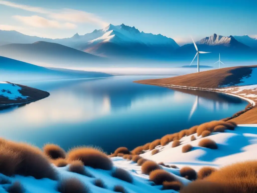 Un paisaje sereno con un lago cristalino reflejando un cielo azul, montañas nevadas y un molino de viento, simbolizando el impacto global de las energías limpias en el clima