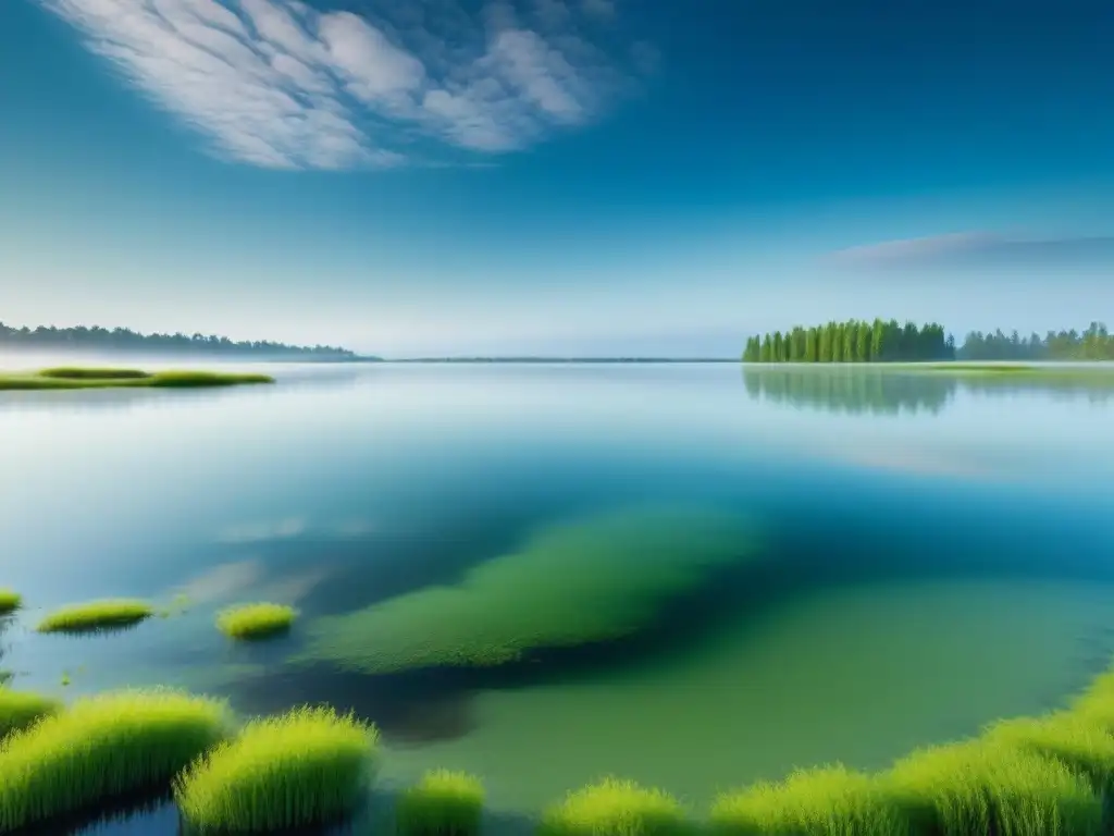 Paisaje sereno de lago cristalino, reflejando cielo azul, rodeado de algas verdes vibrantes