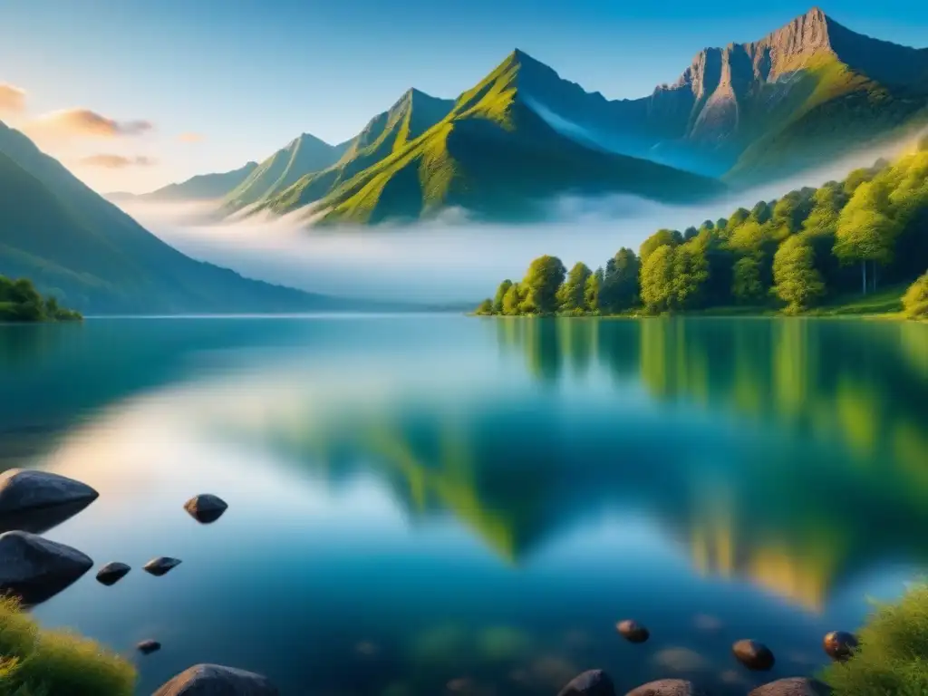 Paisaje sereno de lago rodeado de montañas verdes con cielo azul reflejado