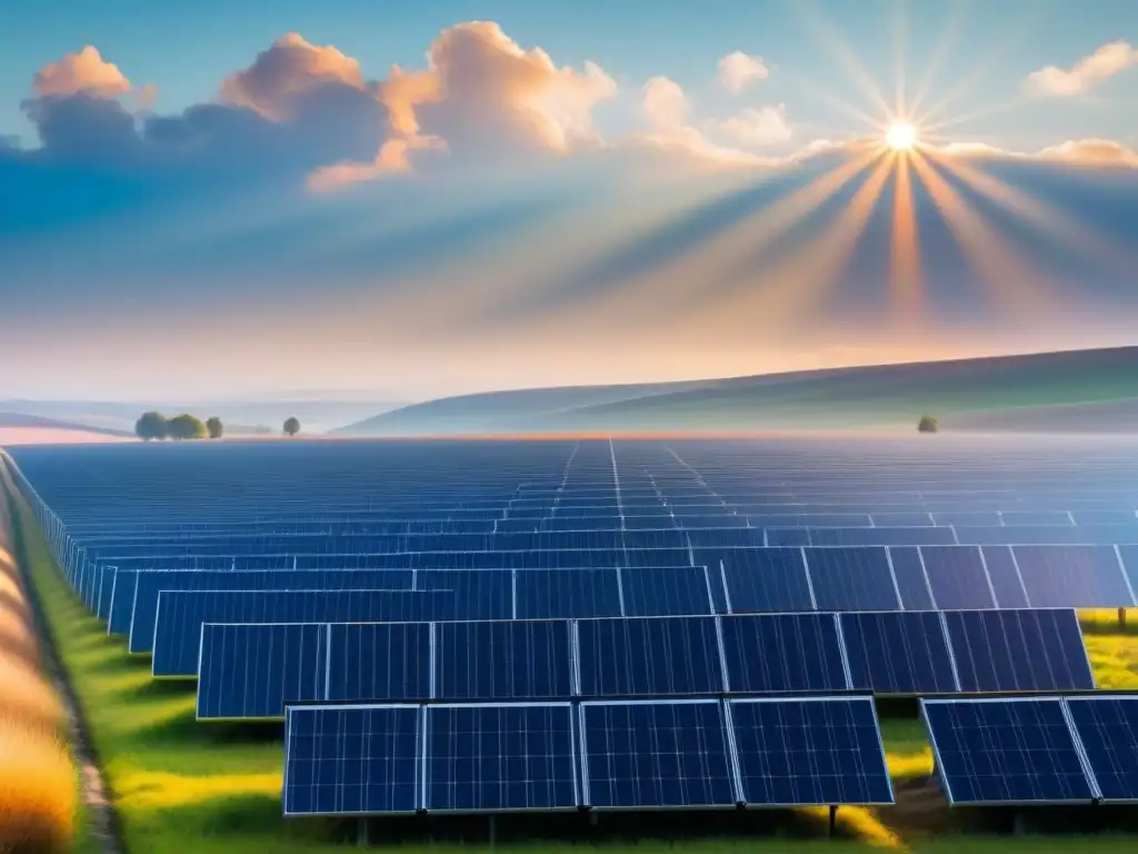 Horizonte solar brillante y sostenible Un paisaje sereno y minimalista con paneles solares que se extienden hacia el horizonte, bañados por el sol
