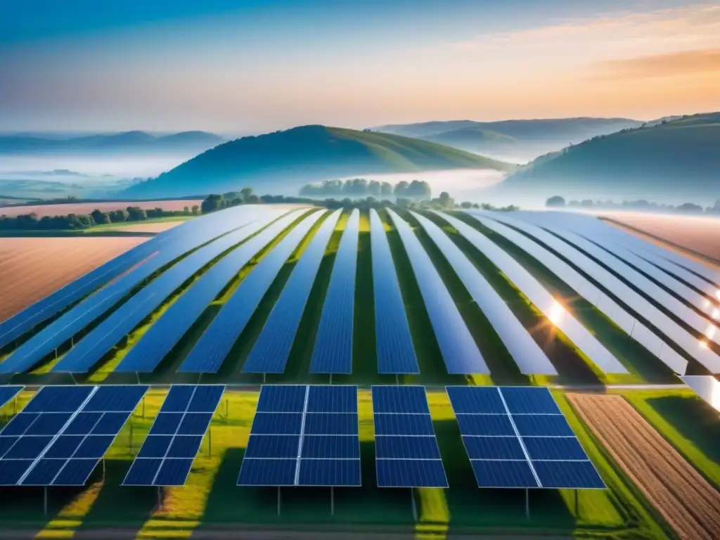 Un paisaje sereno y minimalista de paneles solares en un campo extenso, bajo un cielo azul claro