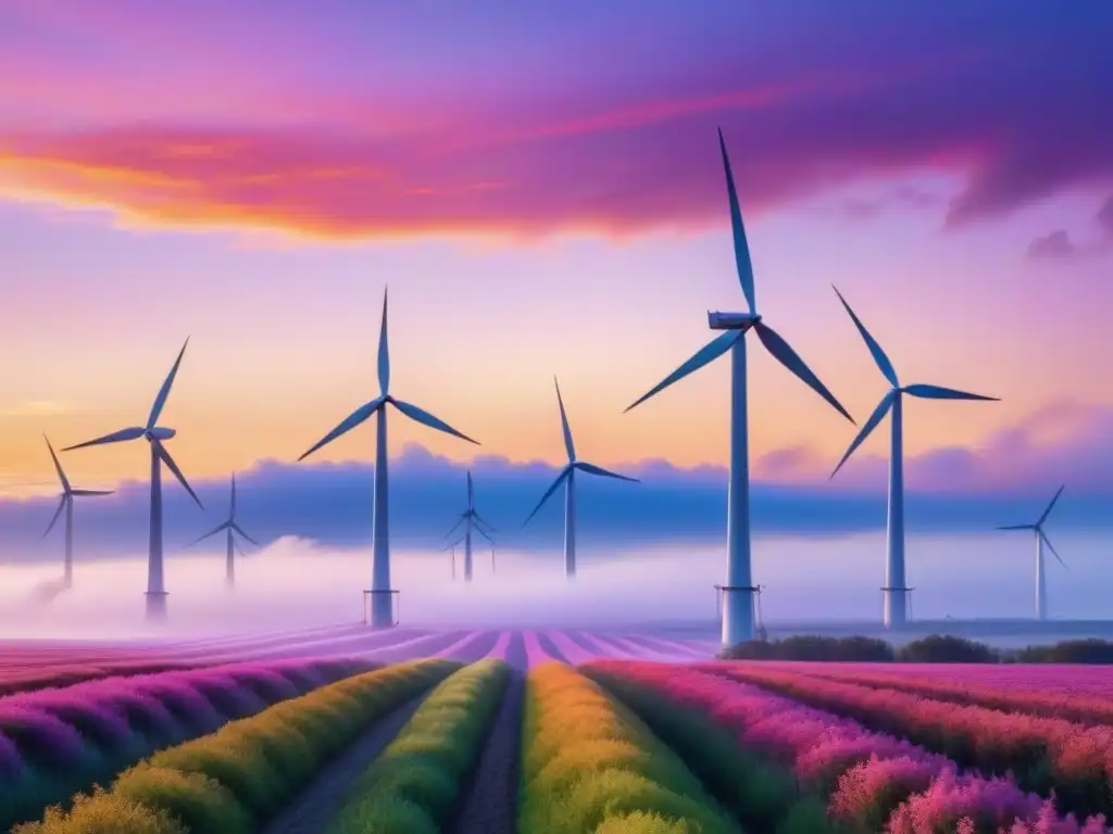 Un paisaje sereno al amanecer con molinos de viento, simbolizando la integración de la energía eólica y los beneficios para las economías locales