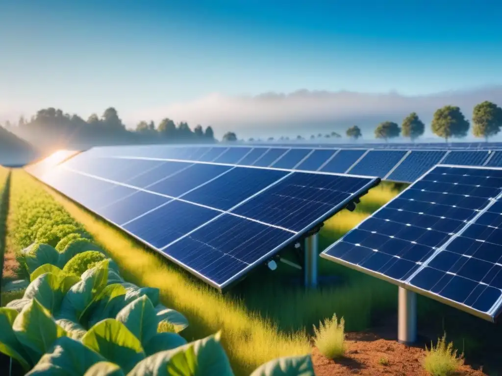 Un paisaje sereno de paneles solares reflejando la luz del sol en un cielo azul, rodeados de vegetación exuberante