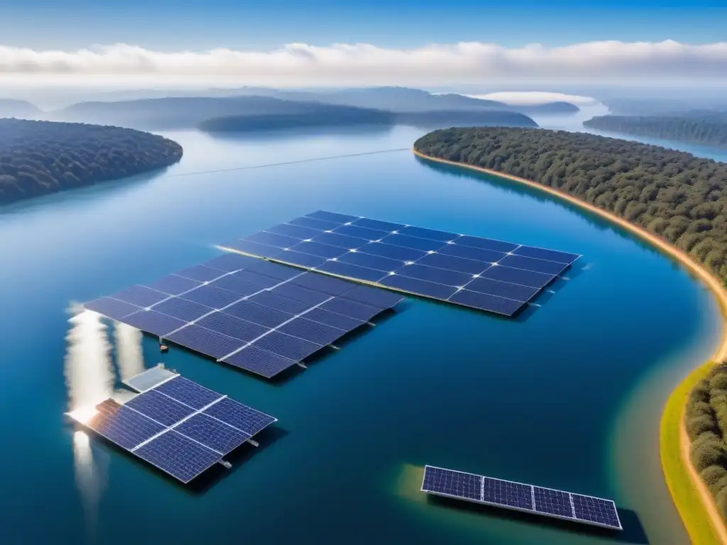 Un paisaje sereno con paneles solares flotantes eficientes brillando sobre el agua