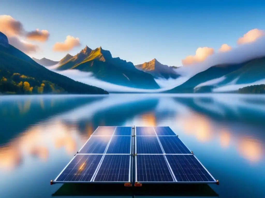 Un paisaje sereno con paneles solares flotantes eficientes en un lago tranquilo bajo un cielo azul y nubes blancas