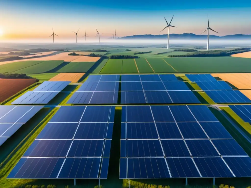 Un paisaje sereno con paneles solares en un campo, reflejando la luz del sol