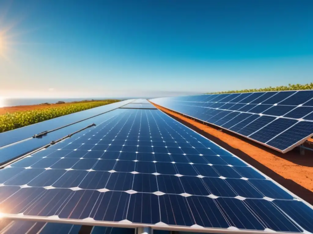 Un paisaje sereno con paneles solares relucientes, un cielo azul y agua brillante