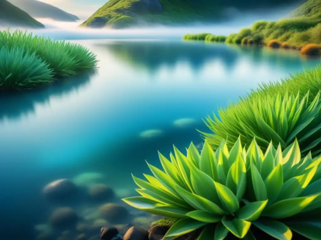 Un paisaje sereno con plantas verdes vibrantes y agua azul cristalina, simbolizando la exitosa limpieza de aguas residuales minera