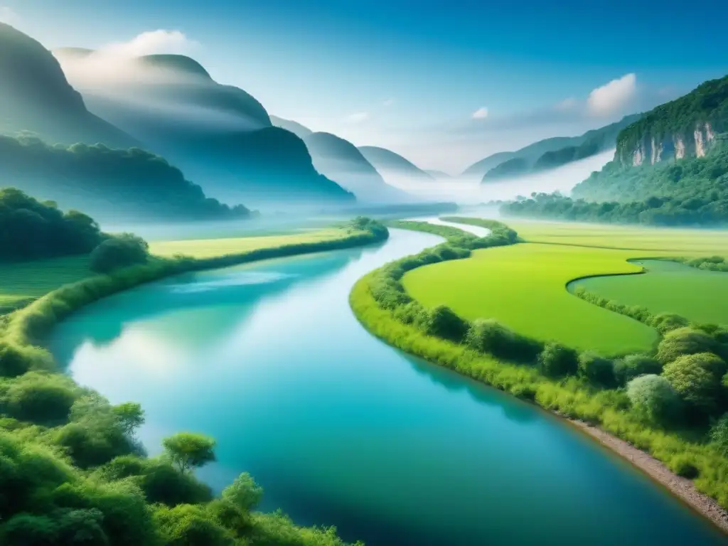 Paisaje sereno de río entre vegetación exuberante, reflejando cielo azul