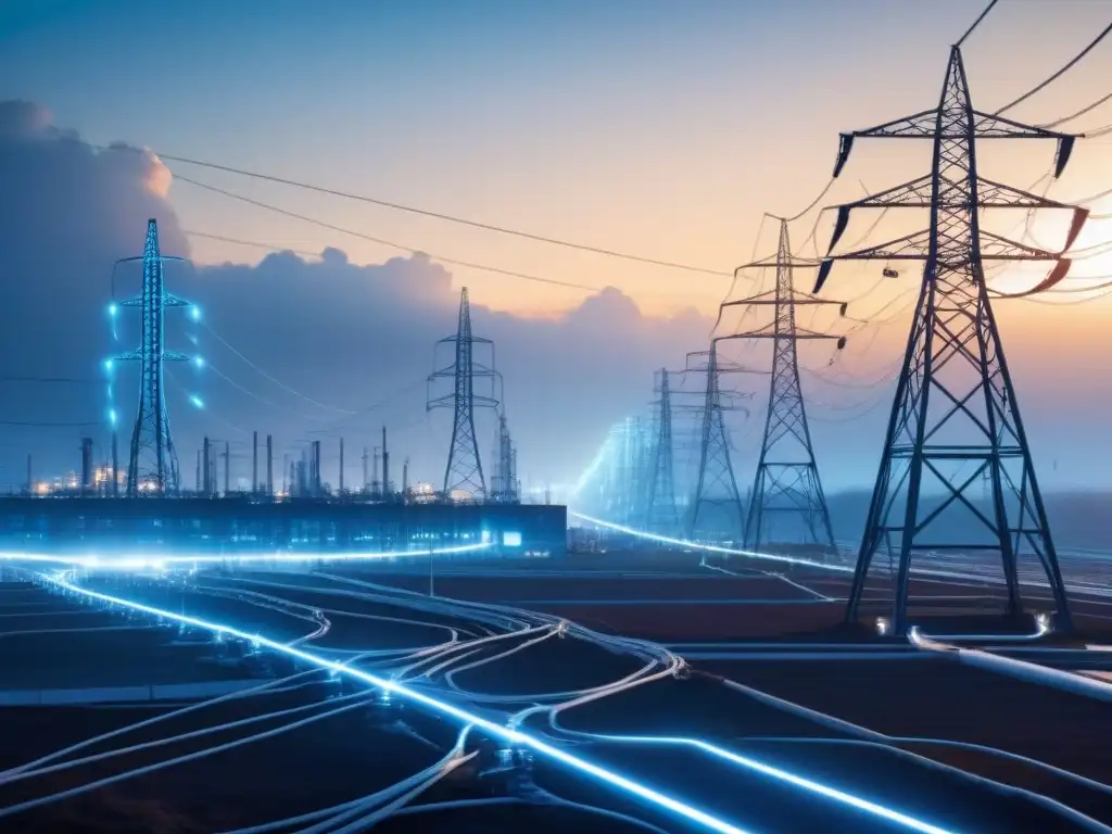 Un paisaje tecnológico futurista con una red de smart grids integrada en un entorno industrial, simbolizando la eficiente distribución de energía