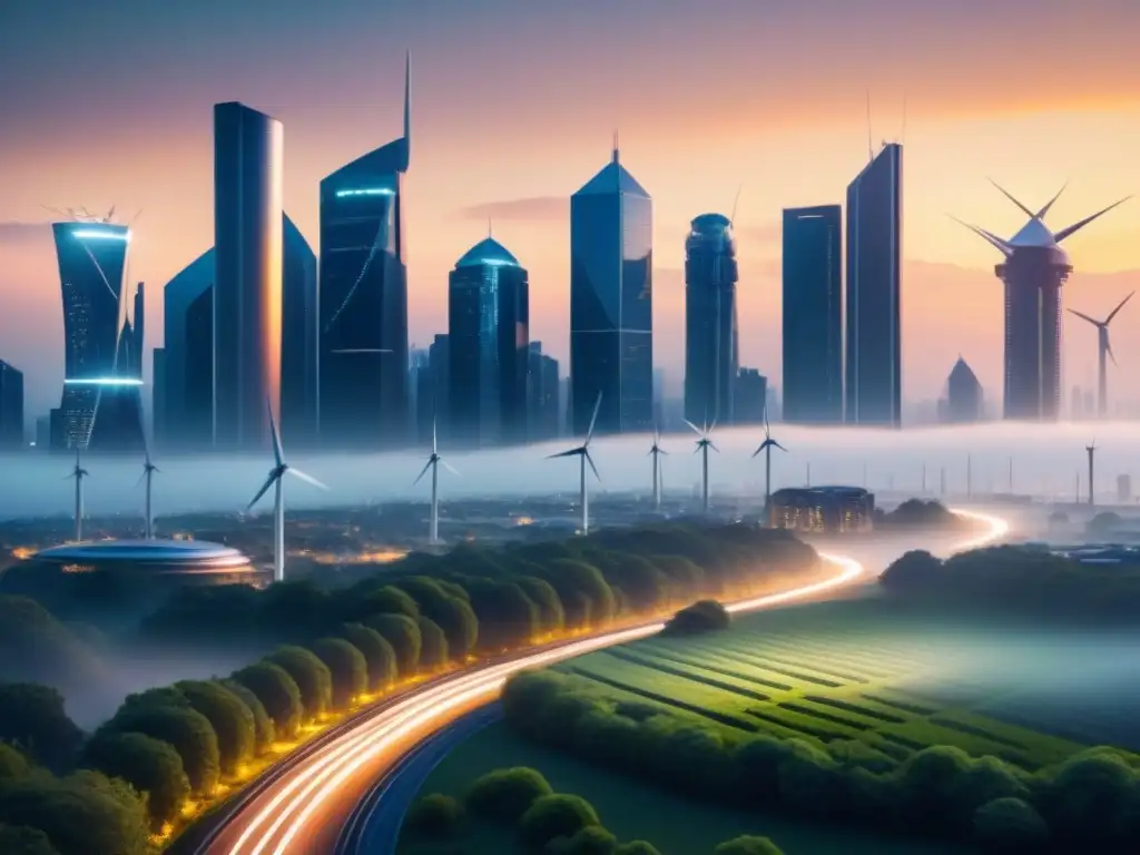 Un paisaje urbano futurista al atardecer con rascacielos sostenibles, iluminados y energía renovable