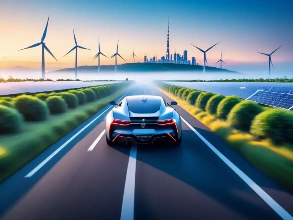 Un paisaje urbano futurista con autos eléctricos en caminos iluminados rodeados de vegetación y fuentes de energía renovable