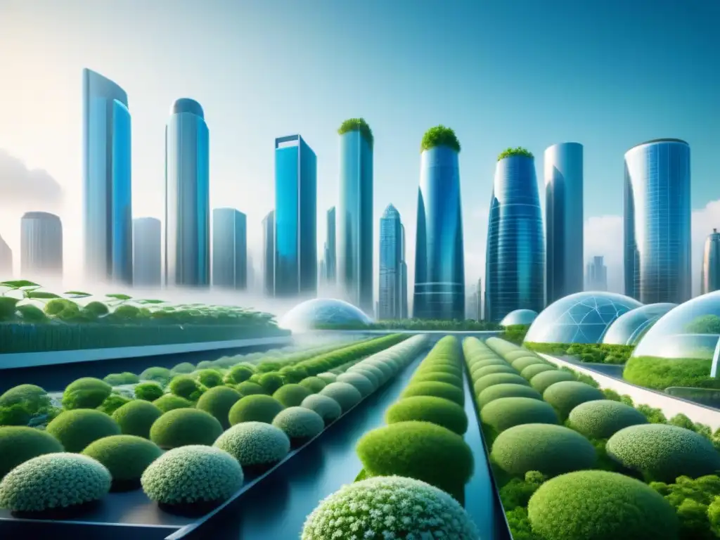 Un paisaje urbano futurista donde la biotecnología reduce emisiones, con rascacielos ecológicos y elementos innovadores