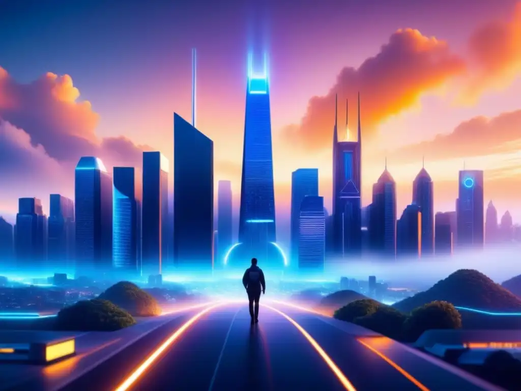 Un paisaje urbano futurista con edificios tecnológicos conectados por líneas digitales y luces brillantes, simbolizando estrategias de propiedad intelectual en el sector tecnológico