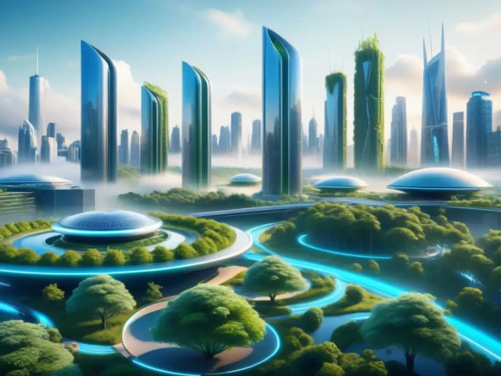 Un paisaje urbano futurista con edificios interconectados rodeados de vegetación y fuentes de energía sostenible