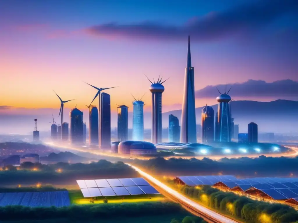 Cityscape futurista: energía limpia y sostenible al atardecer Un paisaje urbano futurista con energía sostenible y transición rápida suficiente