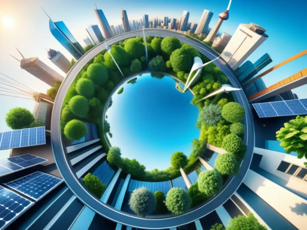 Un paisaje urbano futurista y simétrico, con energías renovables y naturaleza integradas, reflejando un modelo de negocio circular sostenible