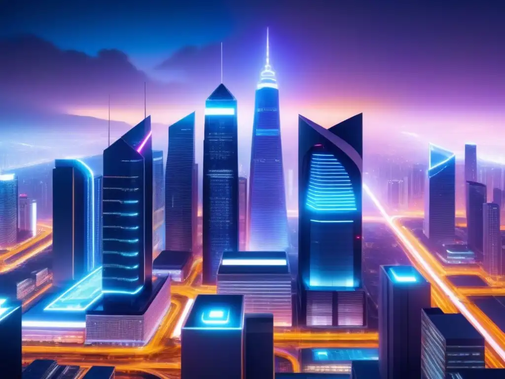 Un paisaje urbano futurista iluminado por luces de neón