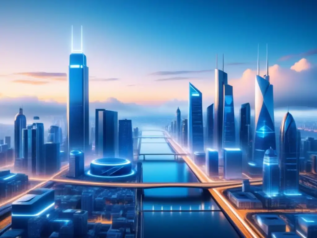 Un paisaje urbano futurista con Integración de Inteligencia Artificial en Infraestructuras Críticas, en tonos azules y metálicos