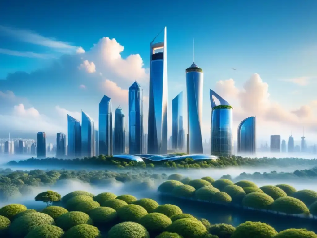 Metrópolis futurista sostenible: nanotecnología y armonía verde Un paisaje urbano futurista con rascacielos sostenibles y nanotecnología en lucha cambio climático