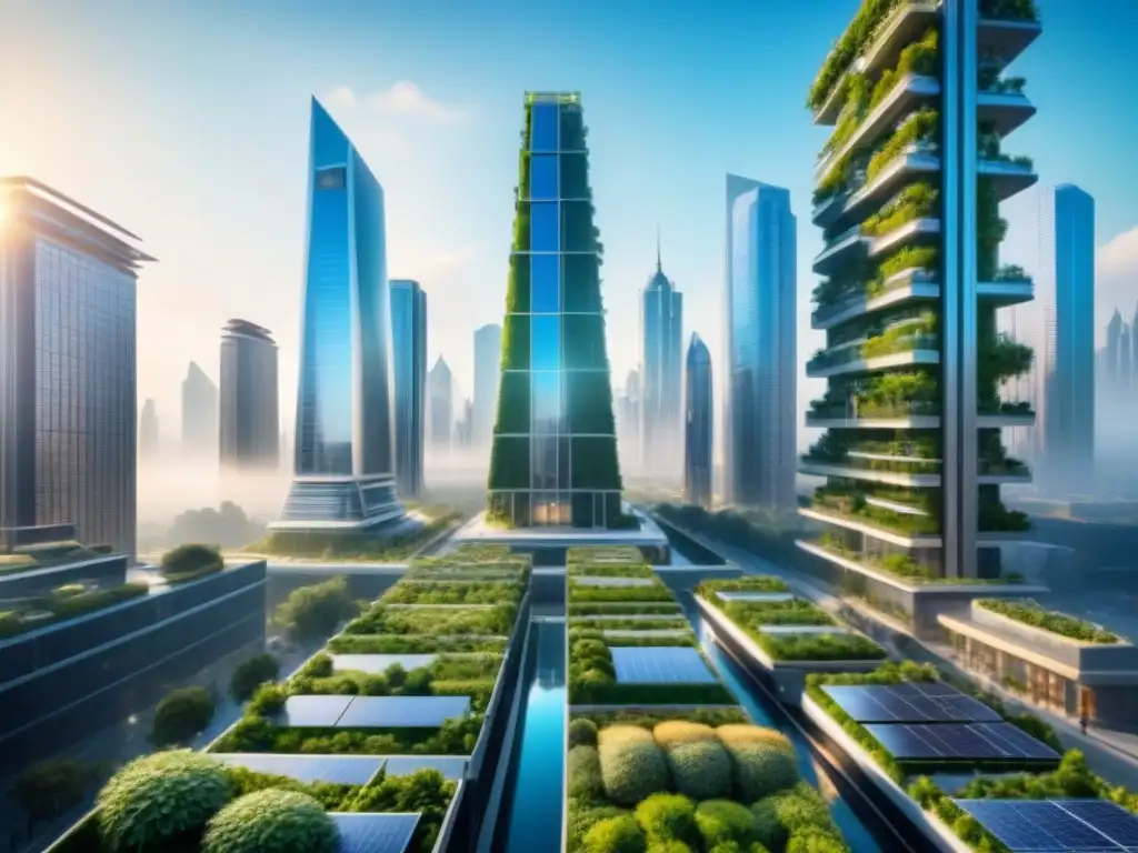 Un paisaje urbano futurista con rascacielos sostenibles, jardines verticales y paneles solares