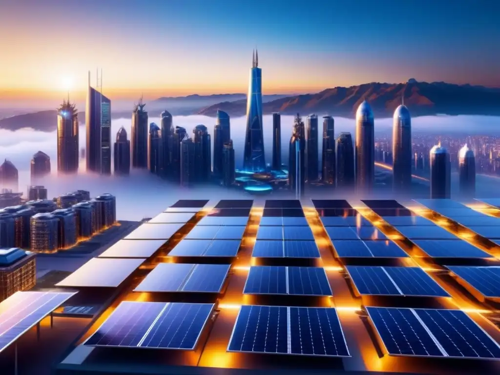 Un paisaje urbano futurista con rascacielos equipados con avanzadas innovaciones energía solar disruptivas