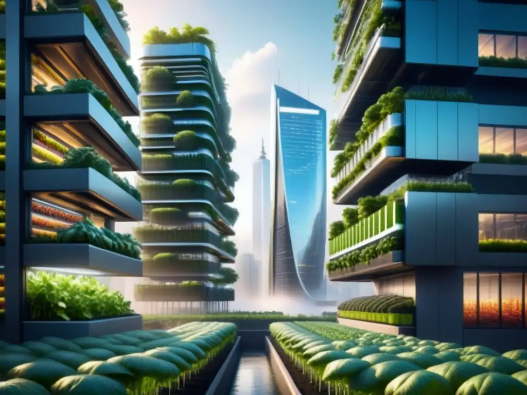 Un paisaje urbano futurista con rascacielos integrados con granjas verticales, mostrando tecnología agrícola avanzada y métodos sostenibles de producción de alimentos