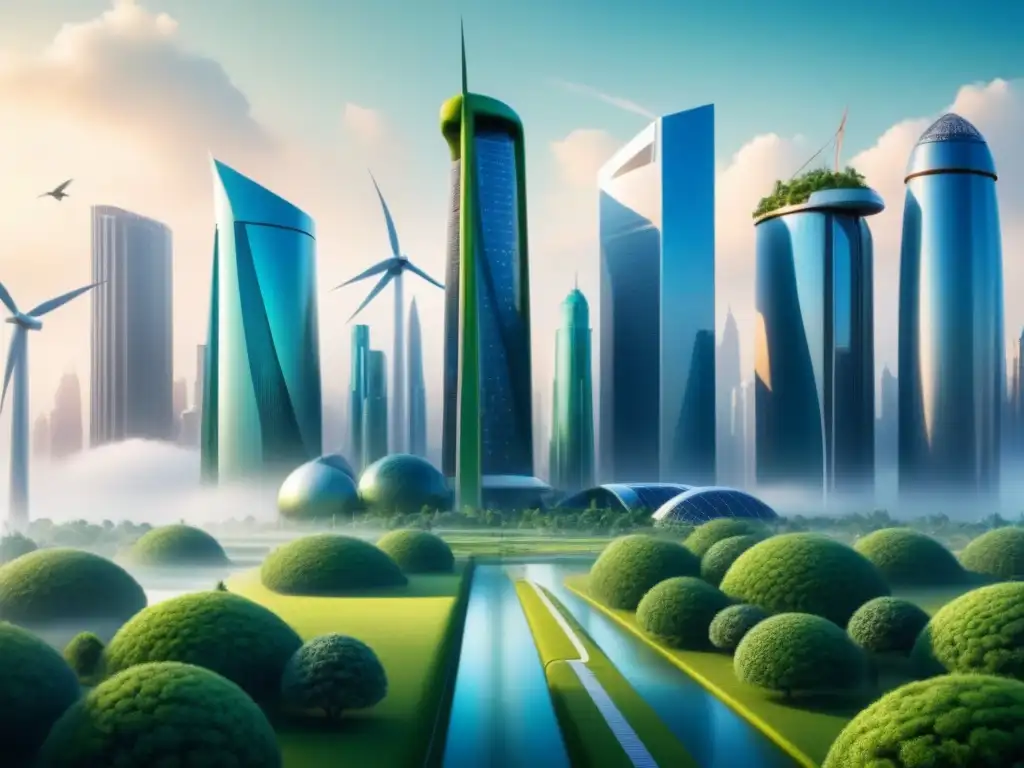 Un paisaje urbano futurista con rascacielos de bioplástico, energías renovables y naturaleza