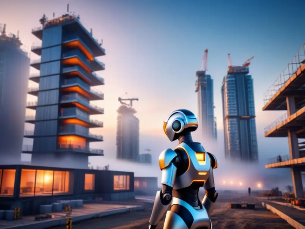 Un paisaje urbano futurista con robots en construcción sostenible ensamblan una estructura moderna