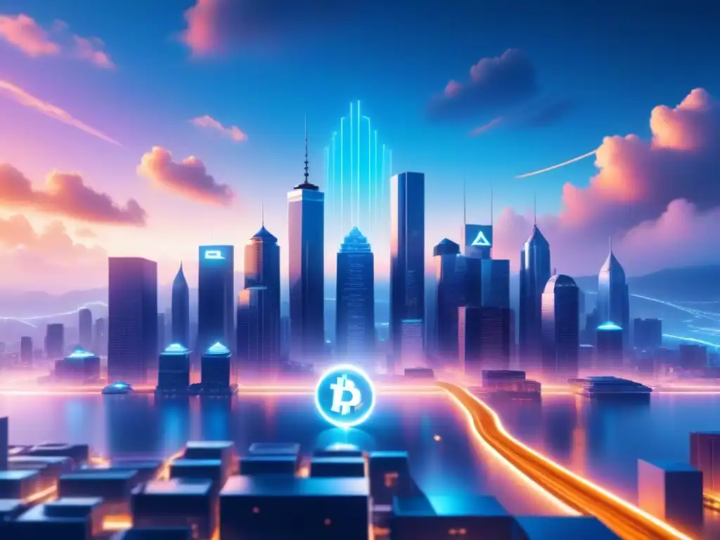 Un paisaje urbano futurista con símbolos de criptomonedas flotando sobre edificios modernos en una suave luz neón