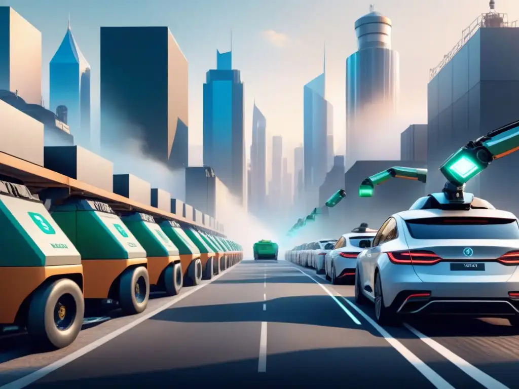 Un paisaje urbano futurista con sistemas automatizados de gestión de residuos, destacando la Inteligencia Artificial en gestión residuos