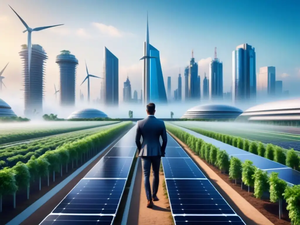 Metrópolis futurista sostenible: arquitectura verde en 8k Un paisaje urbano futurista sostenible, con arquitectura eco y vehículos eléctricos, en la era de la sostenibilidad industrial