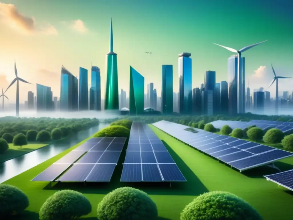 Un paisaje urbano futurista con tecnología verde integrada, reflejando innovación y sustentabilidad empresarial