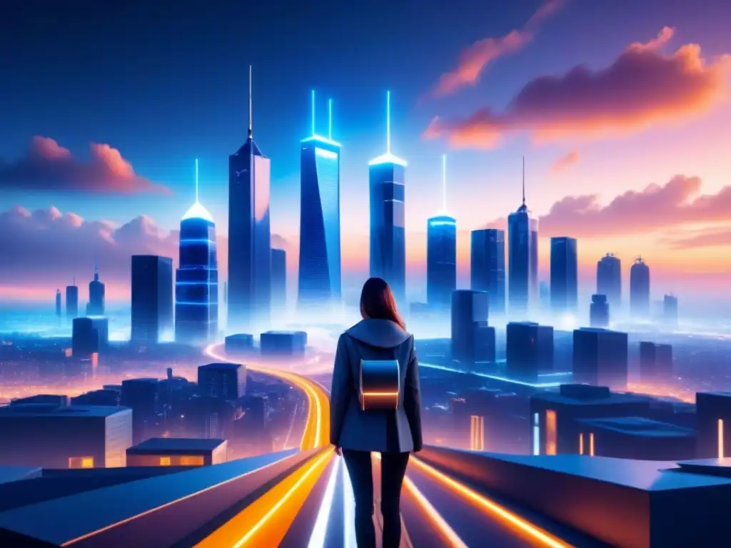 Metrópolis futurista: desafíos y soluciones en seguridad 5G Un paisaje urbano futurista con torres 5G brillantes y símbolos de encriptación en el aire