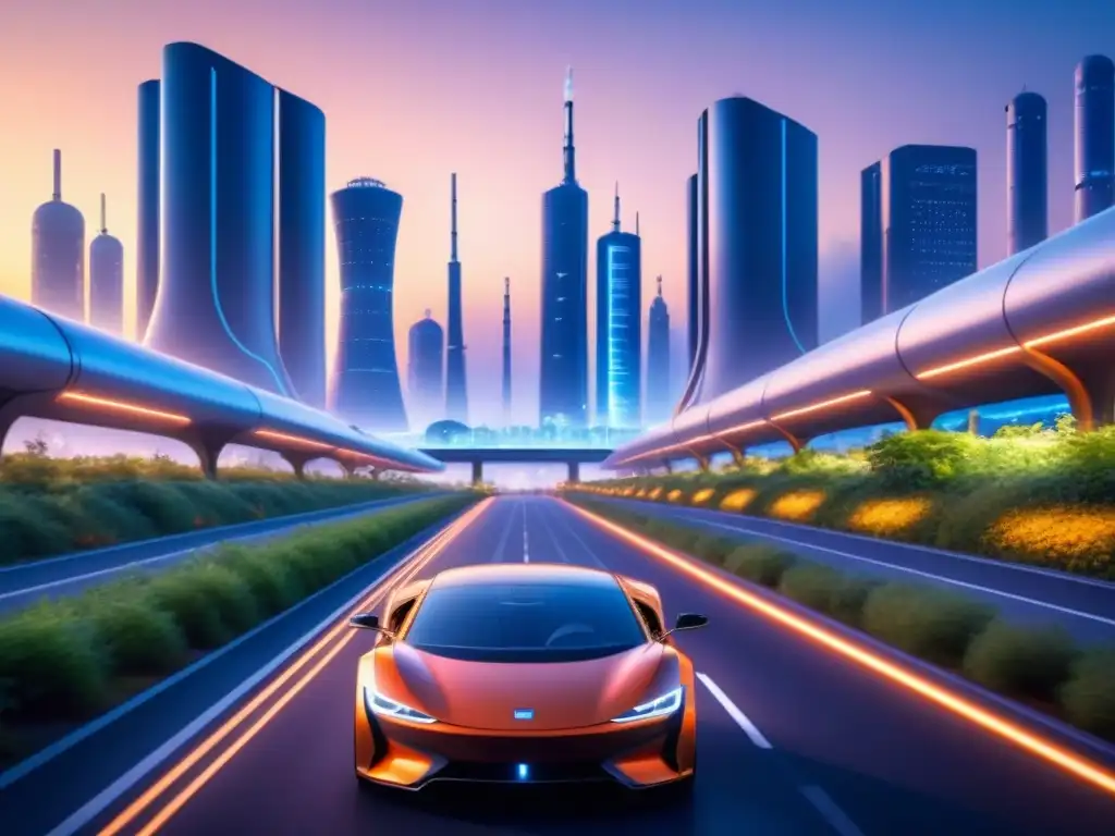 Un paisaje urbano futurista con vehículos eléctricos, plantas de biocombustible y energías renovables