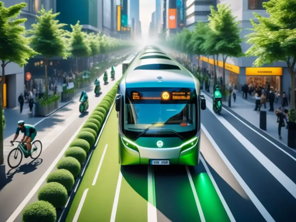 Un paisaje urbano innovador con movilidad urbana sostenible, donde buses eléctricos y ciclistas comparten las calles armoniosamente