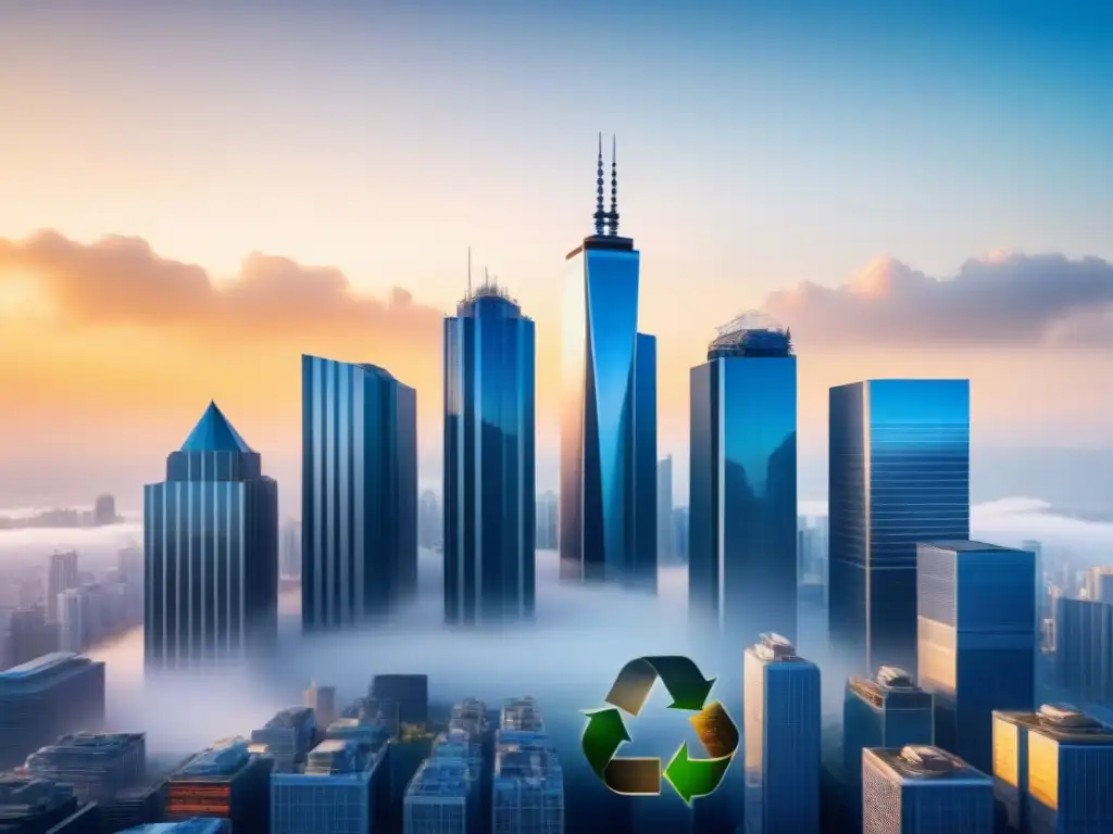 Un paisaje urbano minimalista con rascacielos modernos y símbolos de reciclaje integrados sutilmente