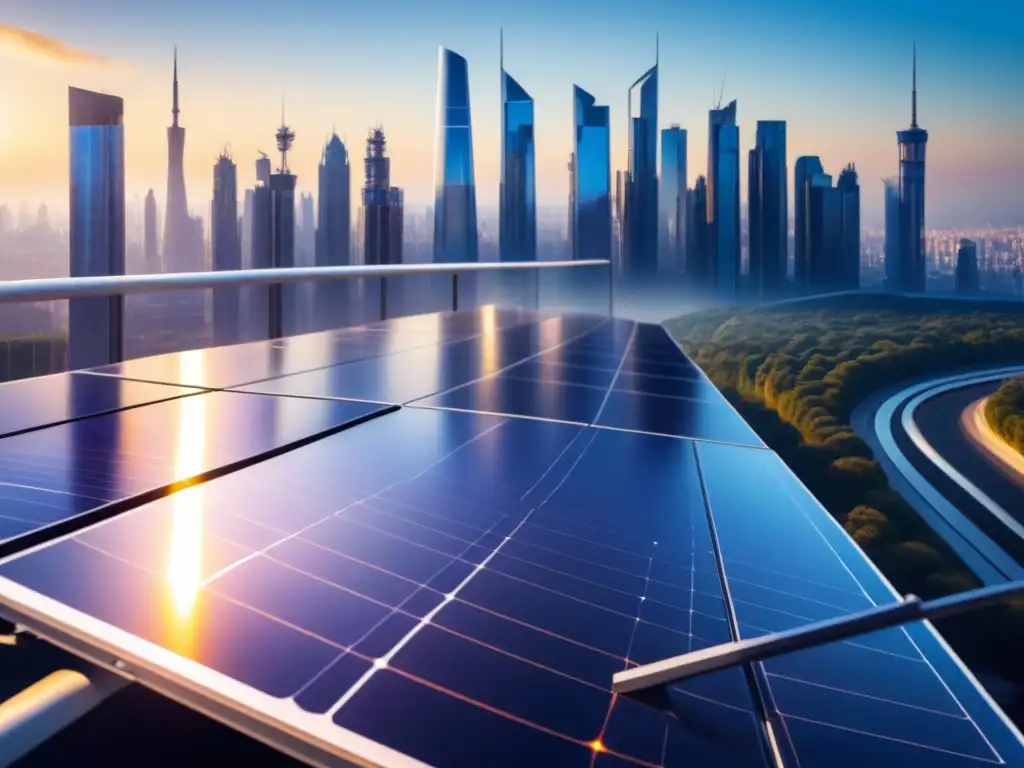 Un paisaje urbano moderno con paneles solares de polímeros tecnológicos, reflejando innovación y energías renovables