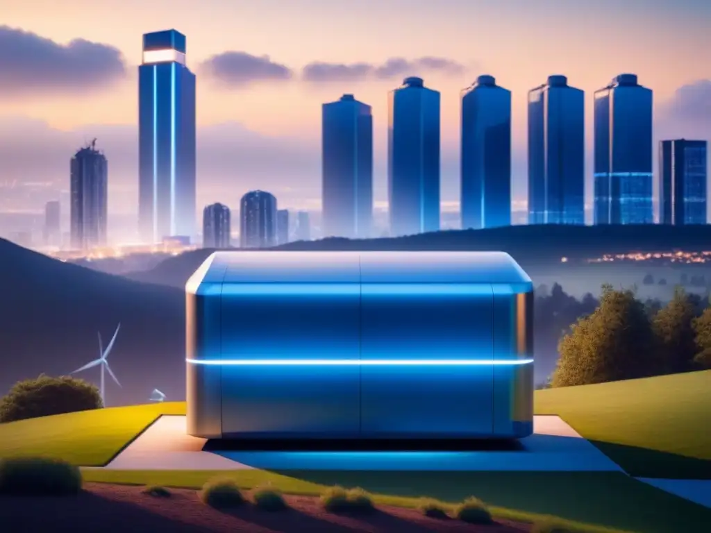 Un paisaje urbano moderno con una unidad de almacenamiento de energía futurista