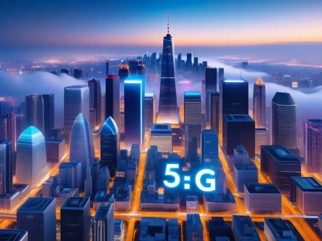 Un paisaje urbano nocturno iluminado por la tecnología 5G, mostrando el impacto de la 5G en la innovación empresarial