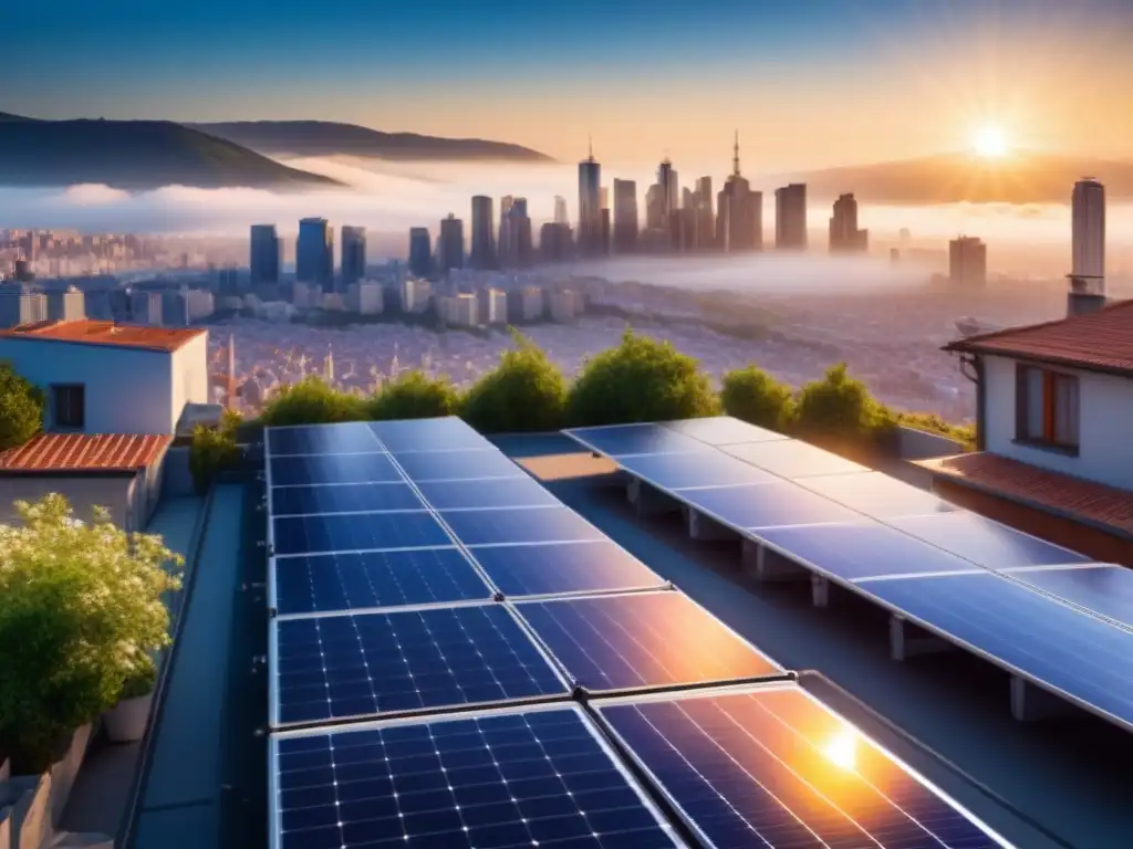 Un paisaje urbano con paneles solares en cada techo, simbolizando el impacto económico de la generación distribuida en las ciudades