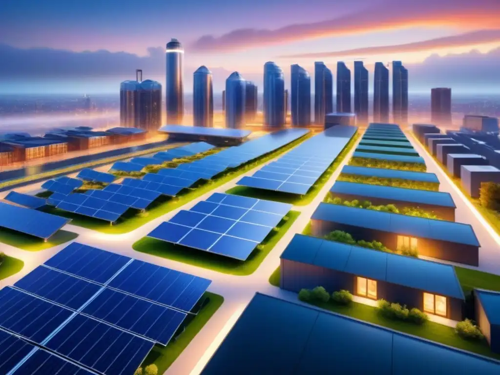 Un paisaje urbano con microgrids sostenibles eficientes energía integrados, potenciando edificios con tecnología verde