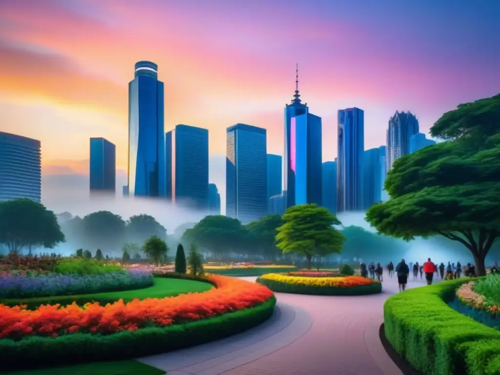 Metrópolis sostenible: armonía entre tecnología y naturaleza Un paisaje urbano vibrante al anochecer, con rascacielos modernos iluminados y un parque verde donde la gente disfruta de actividades sostenibles