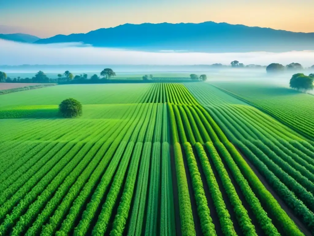 Un paisaje verde con un dron de agricultura de precisión, simbolizando la tecnología y prácticas sostenibles