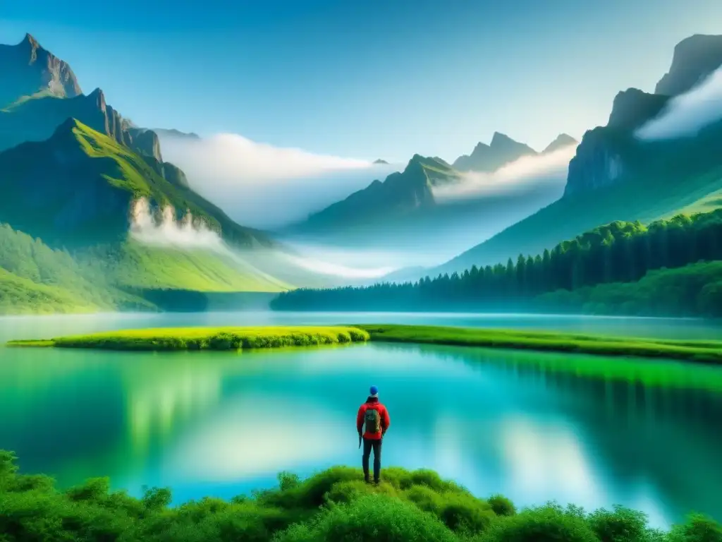 Un paisaje verde exuberante con un lago cristalino, rodeado de montañas