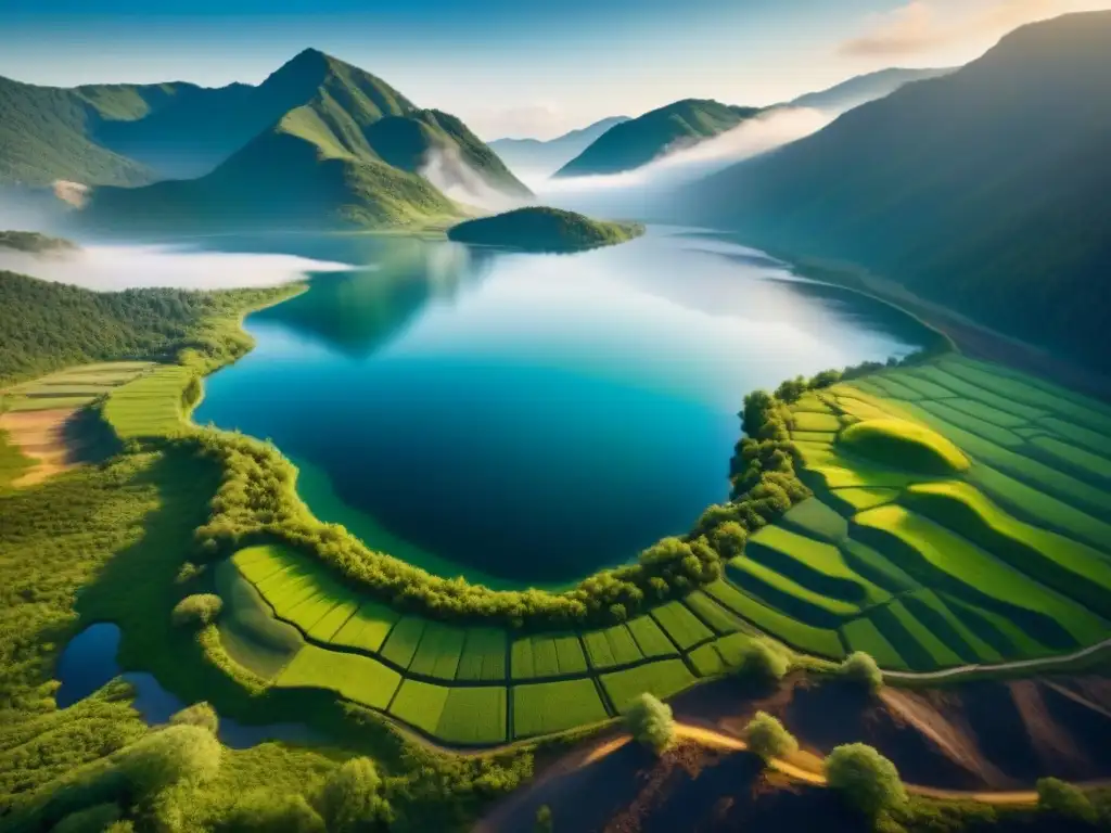 Un paisaje verde exuberante con un lago sereno, donde se integra una pequeña operación minera sostenible