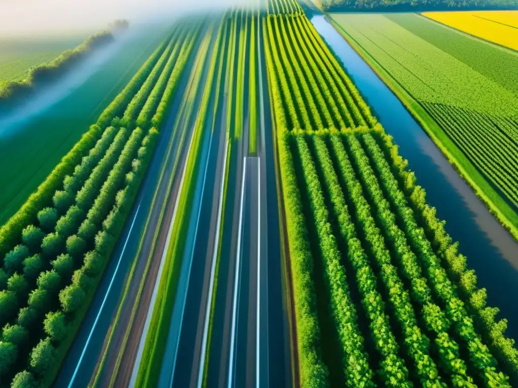 Un paisaje agrícola verde y sereno con un dron, destacando la gestión sostenible de recursos agrícolas