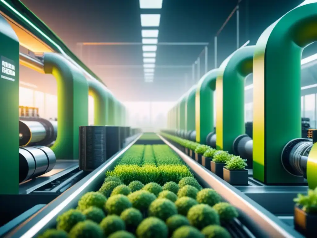 Un paisaje verde vibrante con una planta de fabricación futurista integrando alta tecnología