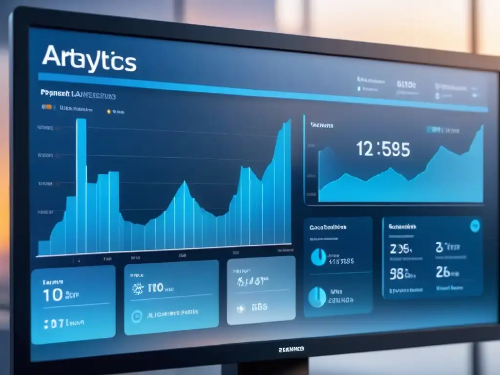 Un panel de análisis de clientes con IA en tonos azules y metálicos, mostrando gráficos dinámicos y perfiles de clientes